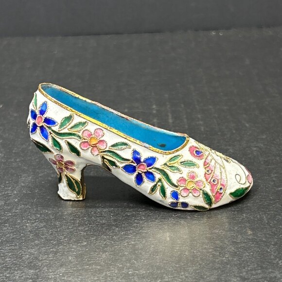 Vintage Cloisonne Shoe Heel Figurine Enamel Gold Embellished Floral Design - Picture 3 of 7